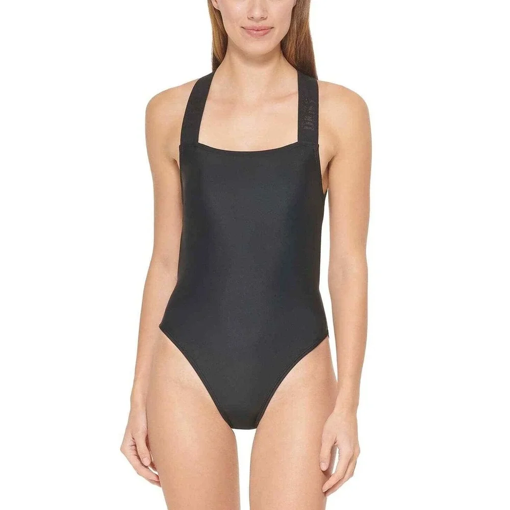 DKNY Womens One Piece Swimsuit Medium Black Logo Strap Cross Back - Picture 2 of 4